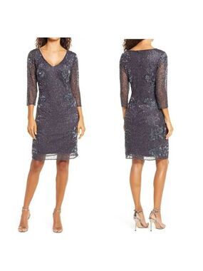 Pisarro Nights Beaded V-Neck Cocktail Dress Sz 4